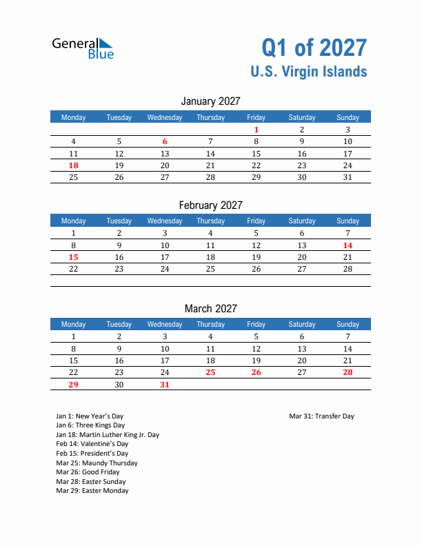U.S. Virgin Islands Q1 2027 Quarterly Calendar with Monday Start