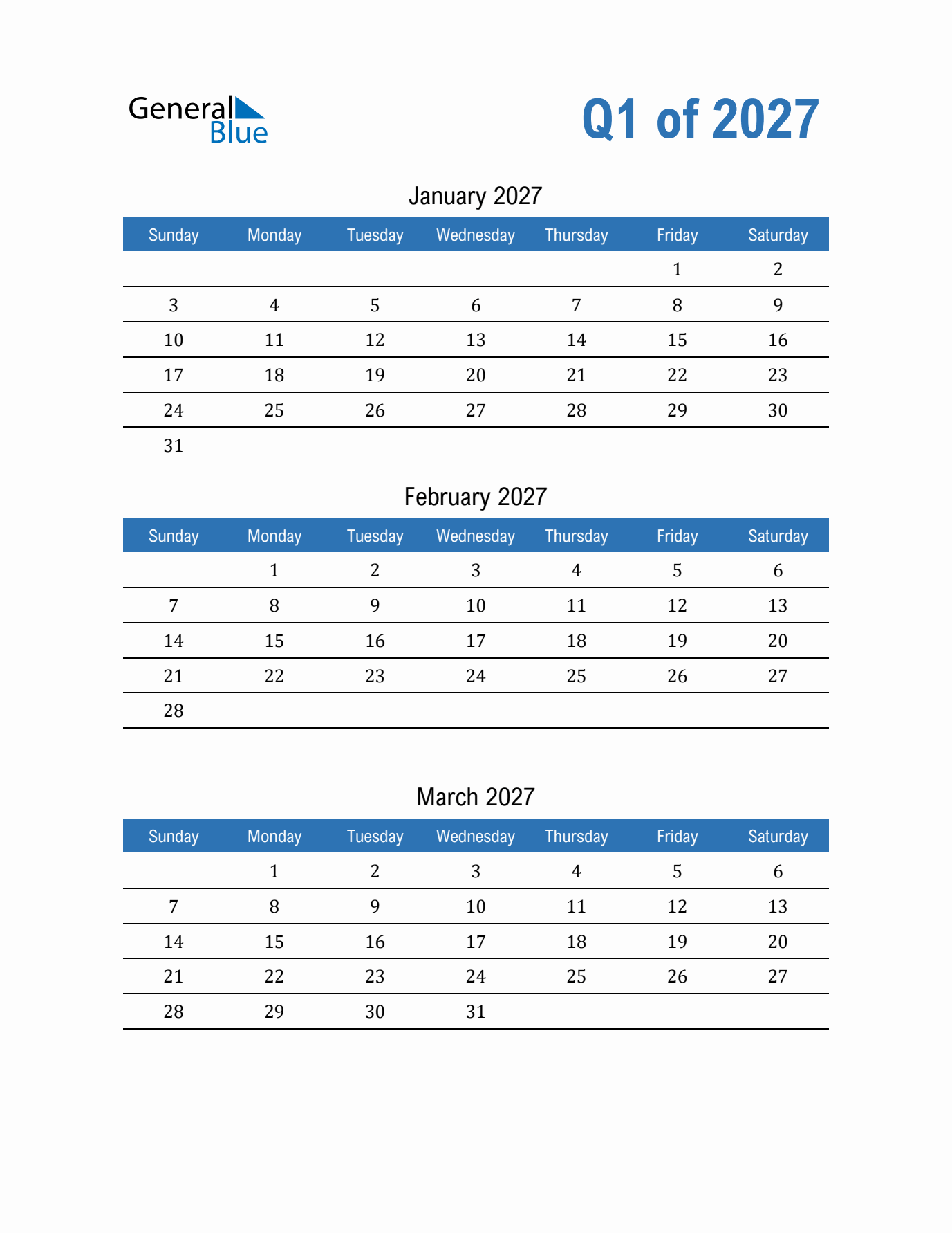 Q1 2027 Quarterly Calendar in PDF, Word, Excel