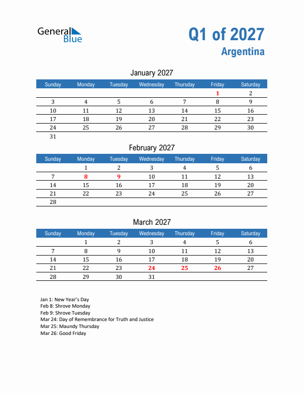 Argentina Q1 2027 Quarterly Calendar with Sunday Start