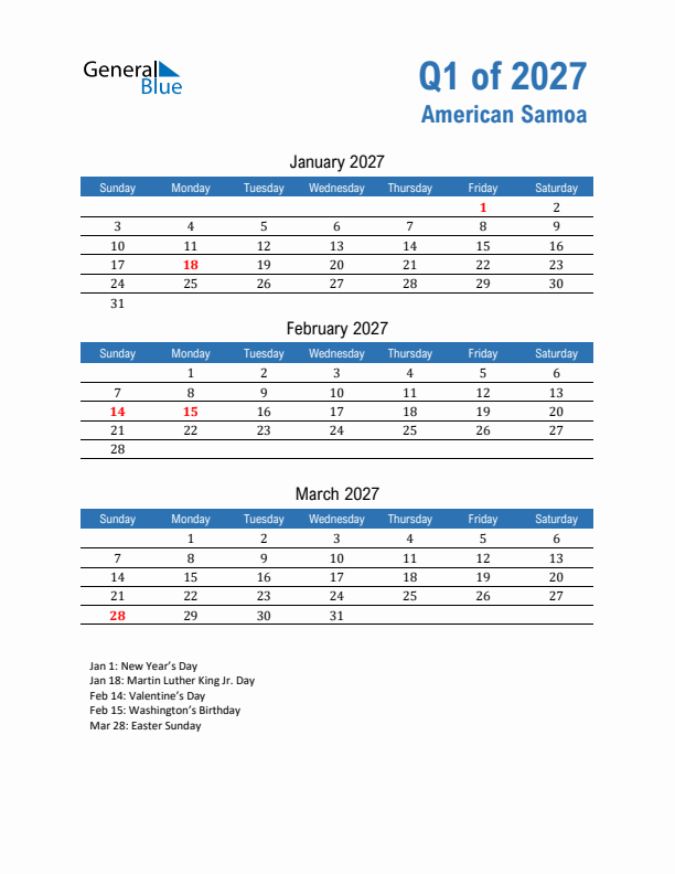 American Samoa Q1 2027 Quarterly Calendar with Sunday Start
