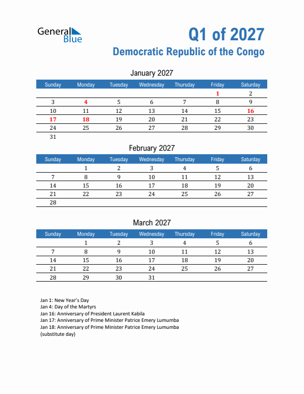 Democratic Republic of the Congo Q1 2027 Quarterly Calendar with Sunday Start