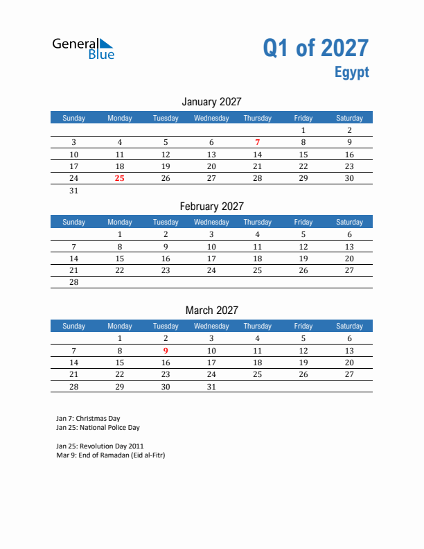 Egypt Q1 2027 Quarterly Calendar with Sunday Start