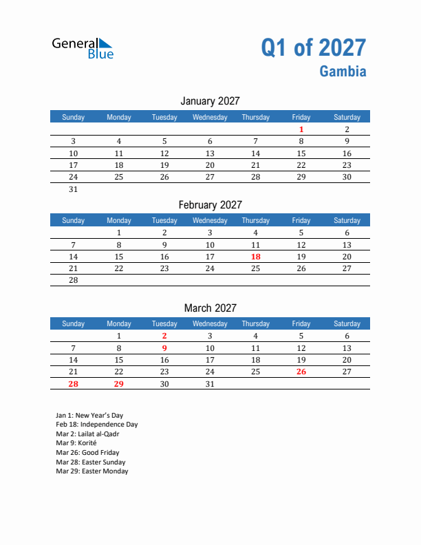 Gambia Q1 2027 Quarterly Calendar with Sunday Start