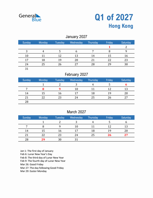 Hong Kong Q1 2027 Quarterly Calendar with Sunday Start