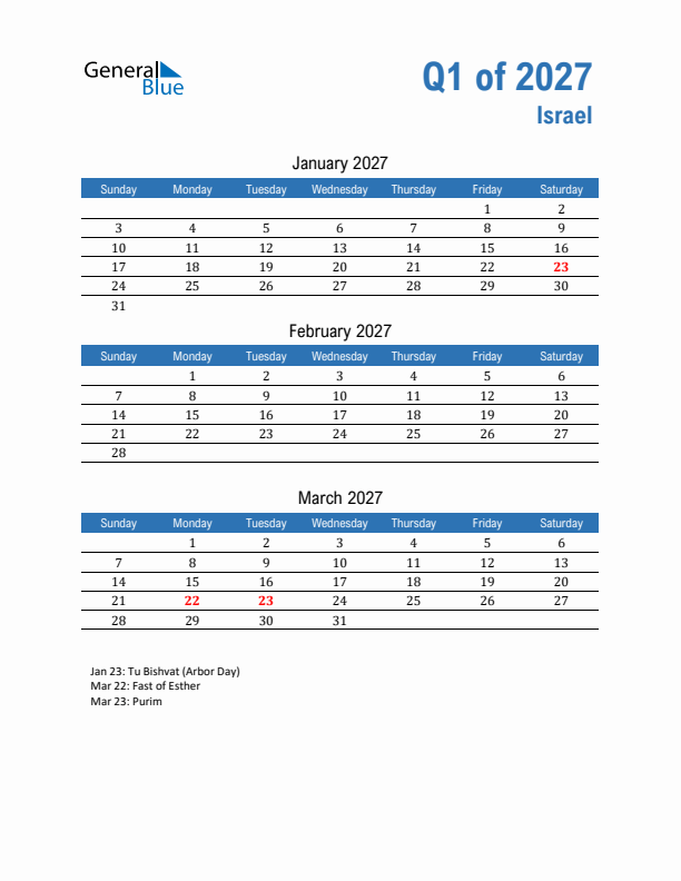 Israel Q1 2027 Quarterly Calendar with Sunday Start