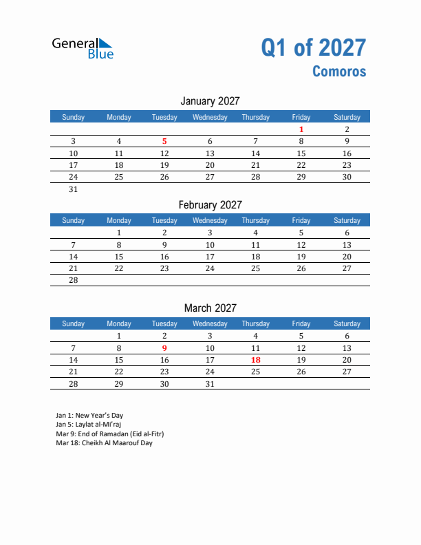 Comoros Q1 2027 Quarterly Calendar with Sunday Start