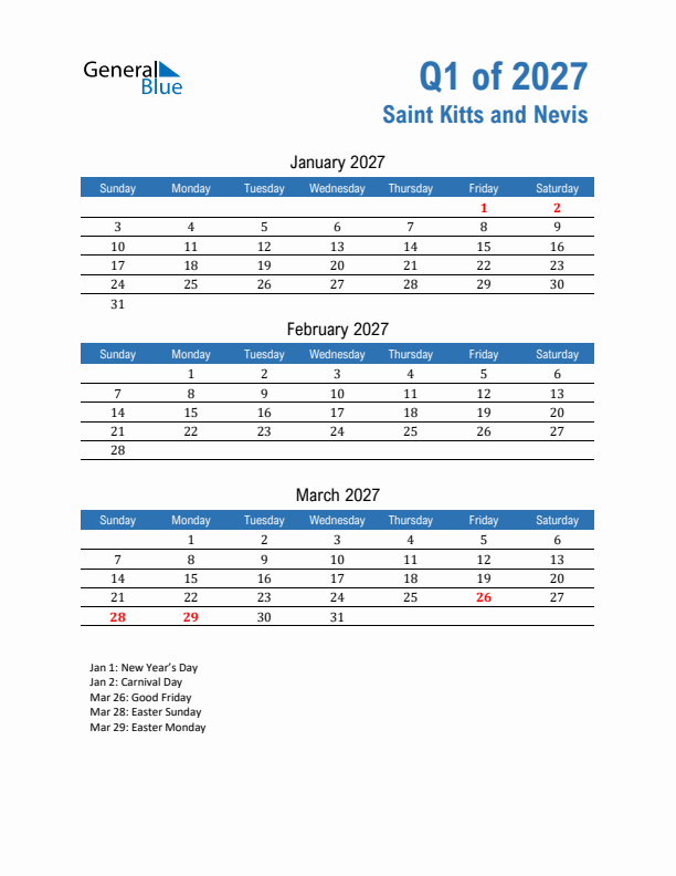 Saint Kitts and Nevis Q1 2027 Quarterly Calendar with Sunday Start