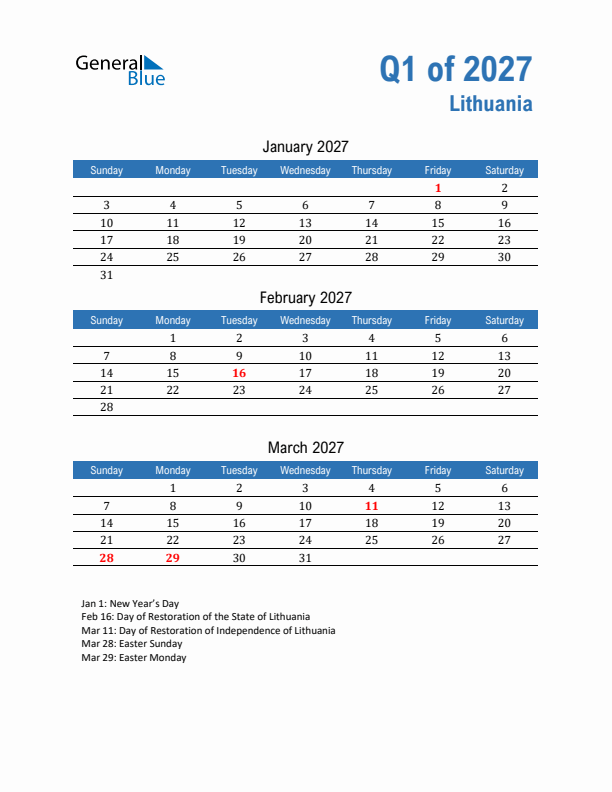 Lithuania Q1 2027 Quarterly Calendar with Sunday Start
