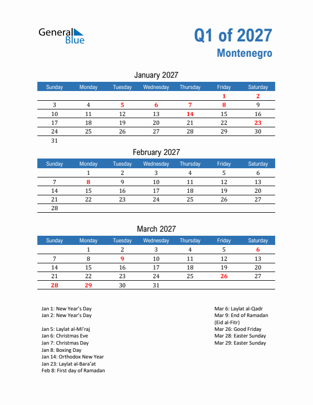 Montenegro Q1 2027 Quarterly Calendar with Sunday Start