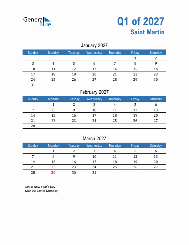 Saint Martin Q1 2027 Quarterly Calendar with Sunday Start