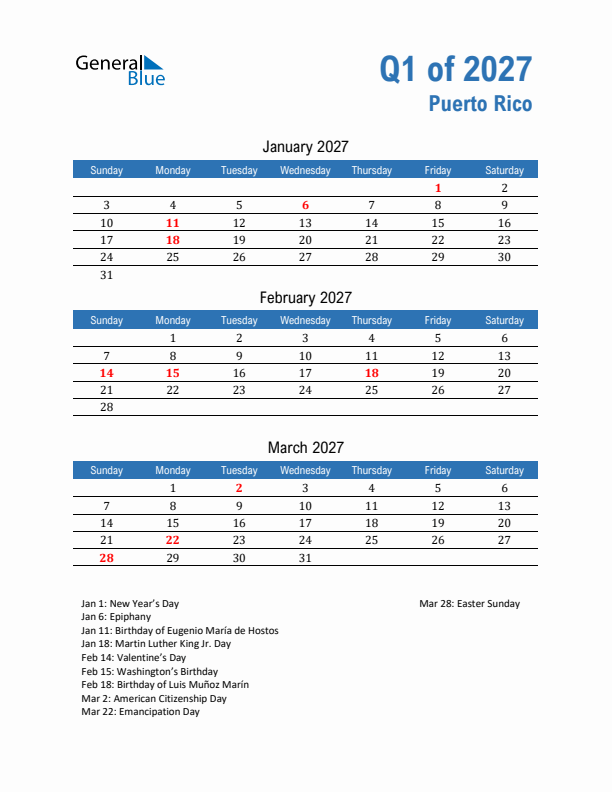 Puerto Rico Q1 2027 Quarterly Calendar with Sunday Start