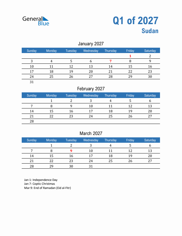 Sudan Q1 2027 Quarterly Calendar with Sunday Start