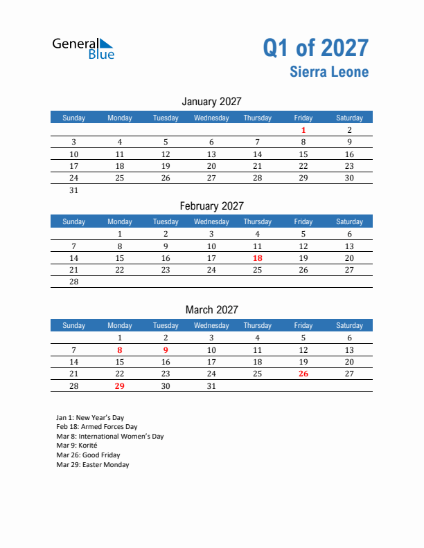 Sierra Leone Q1 2027 Quarterly Calendar with Sunday Start
