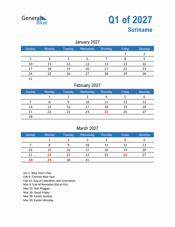 Suriname Q1 2027 Quarterly Calendar with Sunday Start