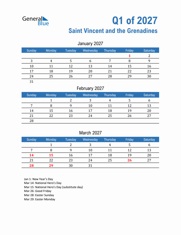 Saint Vincent and the Grenadines Q1 2027 Quarterly Calendar with Sunday Start