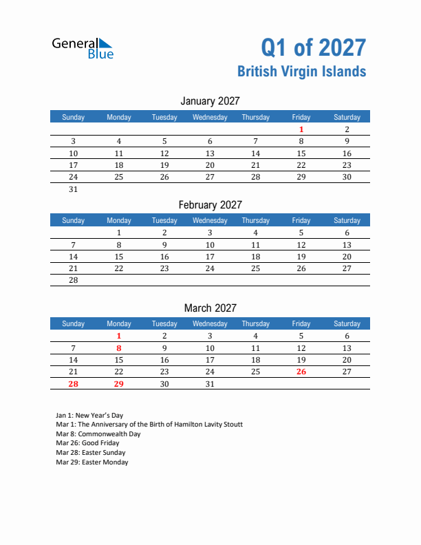 British Virgin Islands Q1 2027 Quarterly Calendar with Sunday Start