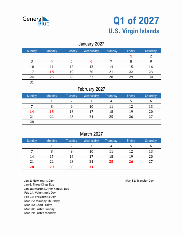 U.S. Virgin Islands Q1 2027 Quarterly Calendar with Sunday Start