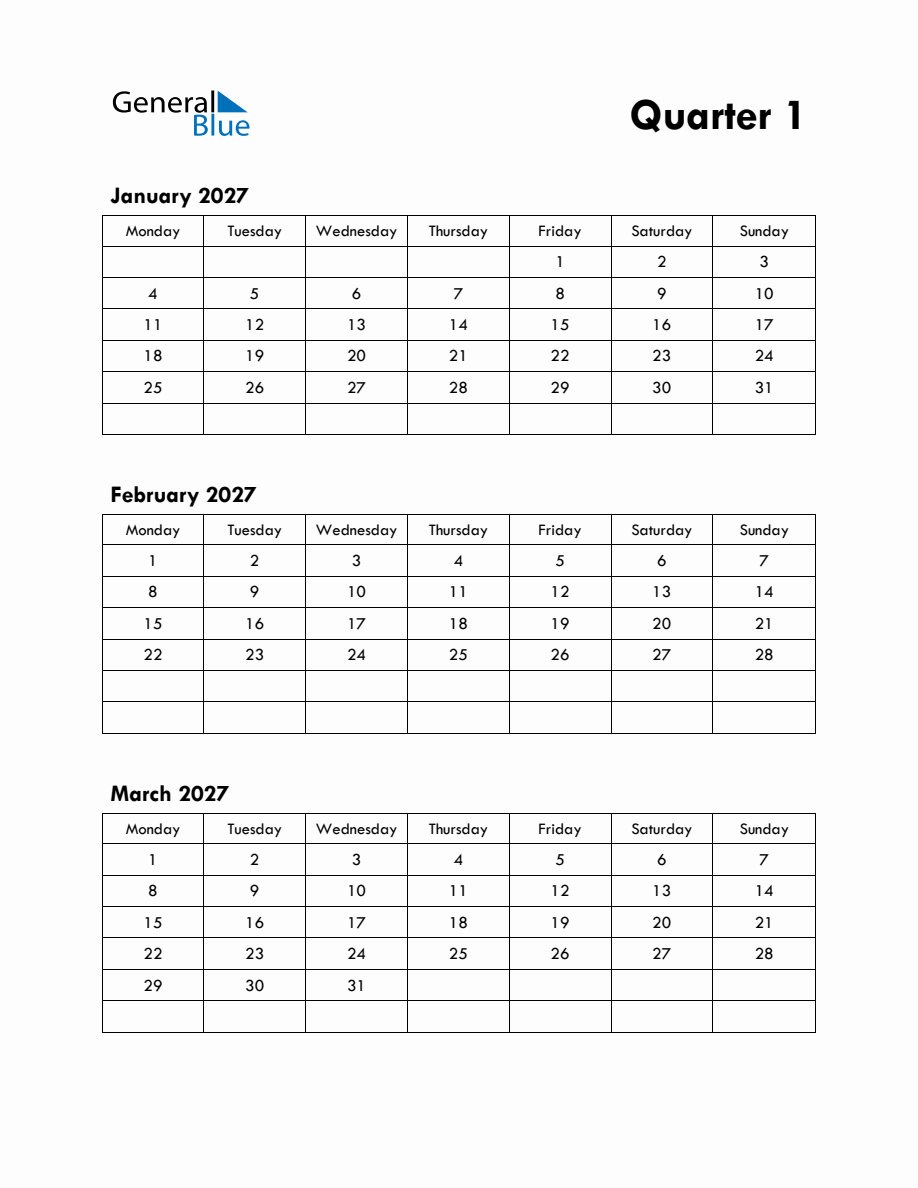 Quarter 1 2027 Calendar - Monday Start