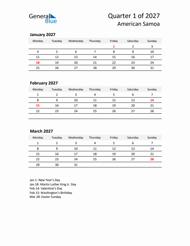 2027 Q1 Three-Month Calendar for American Samoa