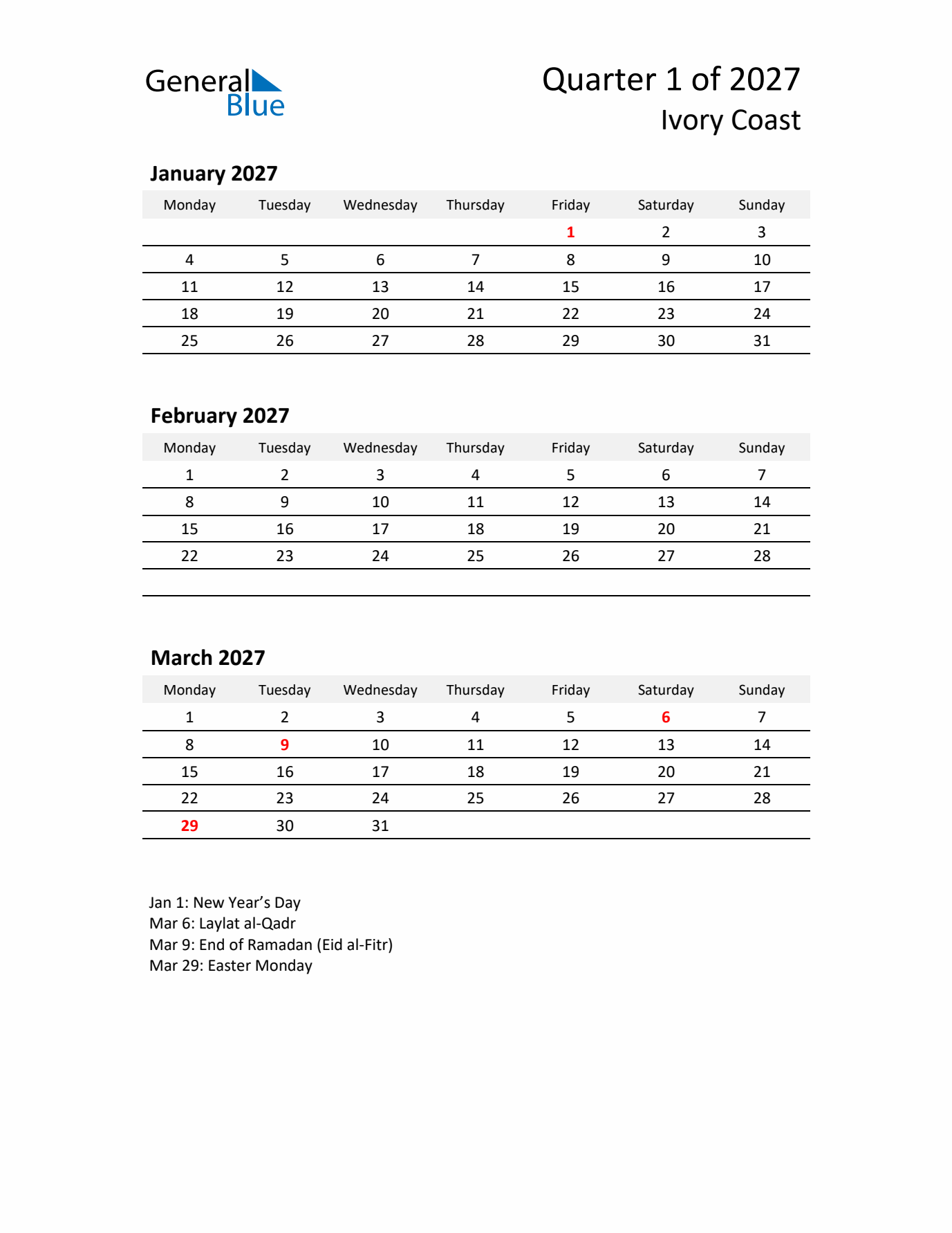 2027 Q1 Three-Month Calendar for Ivory Coast