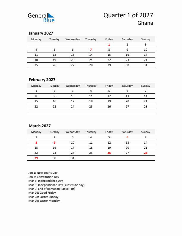 2027 Q1 Three-Month Calendar for Ghana