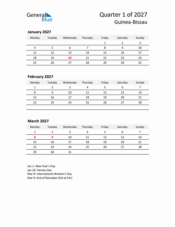 2027 Q1 Three-Month Calendar for Guinea-Bissau