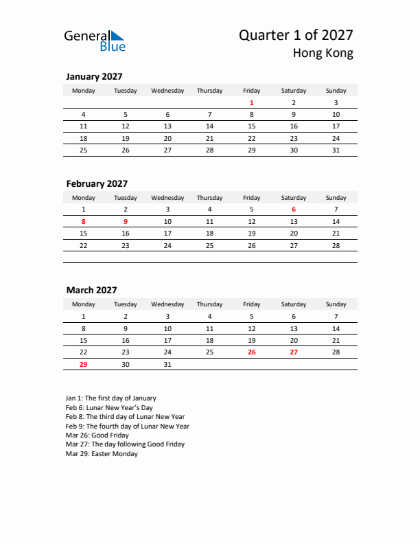 2027 Q1 Three-Month Calendar for Hong Kong