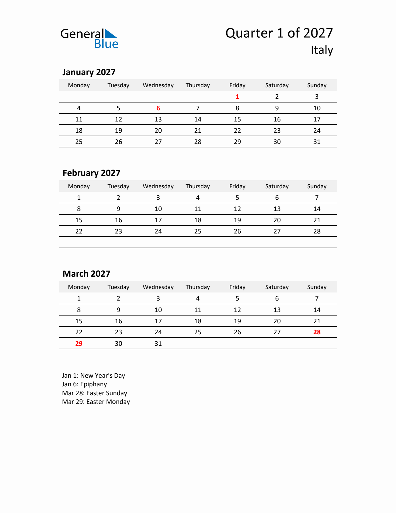 2027 Q1 Three-Month Calendar for Italy