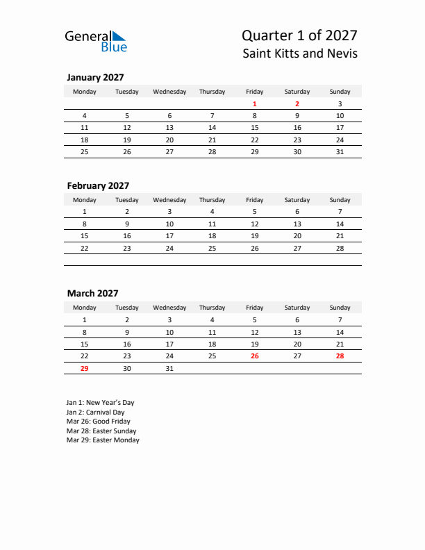 2027 Q1 Three-Month Calendar for Saint Kitts and Nevis