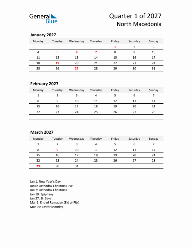 2027 Q1 Three-Month Calendar for North Macedonia