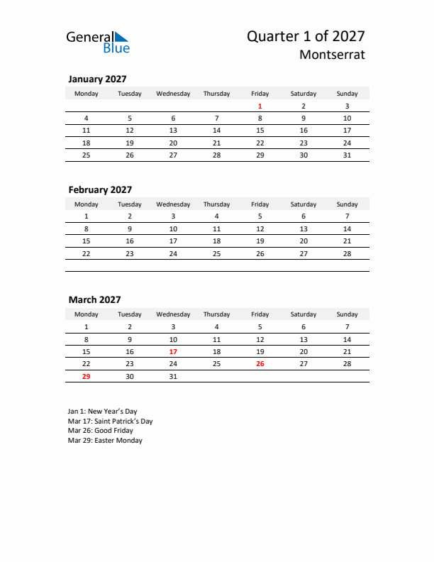 2027 Q1 Three-Month Calendar for Montserrat