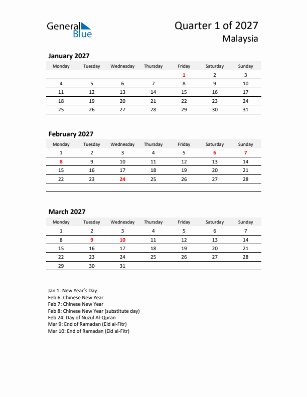 2027 Q1 Three-Month Calendar for Malaysia