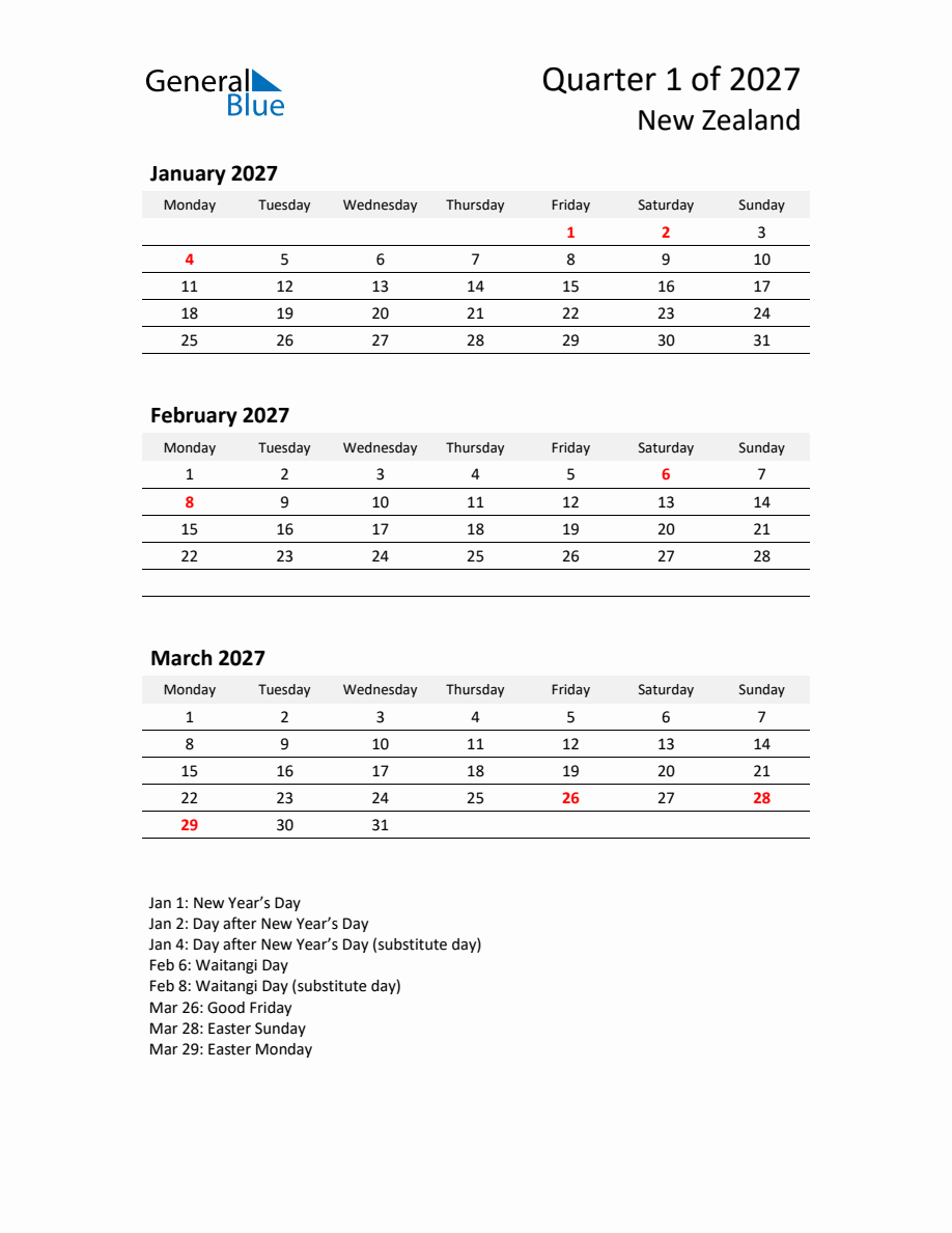 Three-Month Calendar for New Zealand (Q1 of 2027) - Monday Start