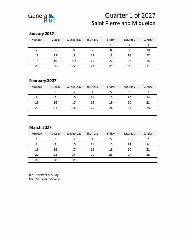 2027 Q1 Three-Month Calendar for Saint Pierre and Miquelon