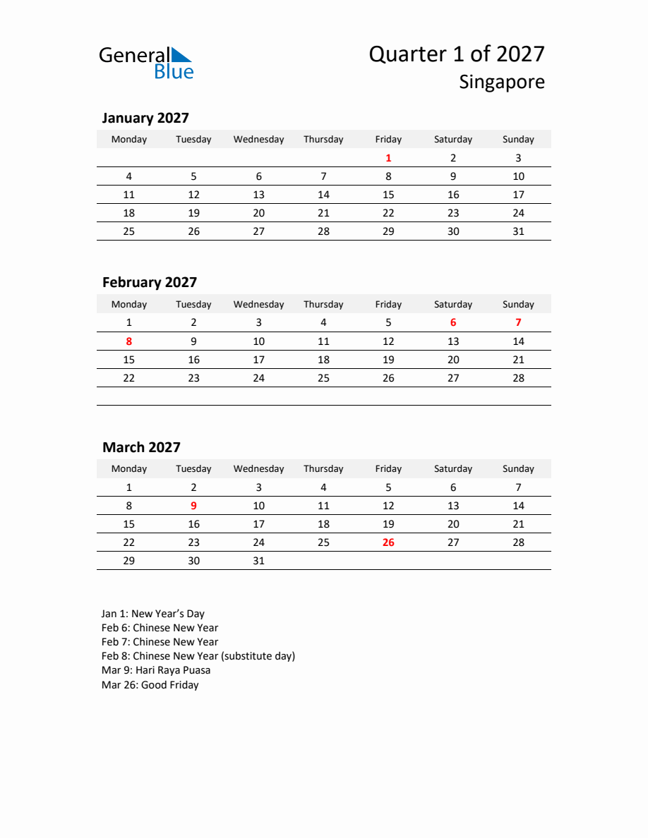 Three-Month Calendar for Singapore (Q1 of 2027) - Monday Start