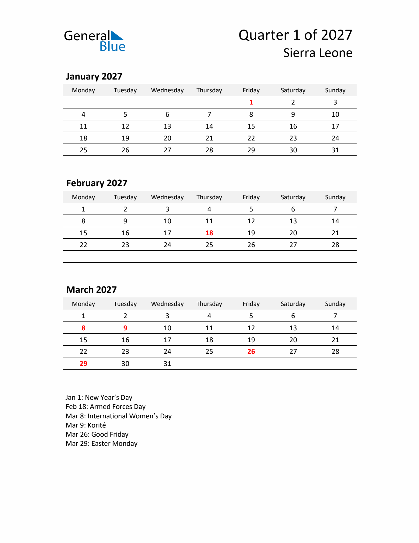 2027 Q1 Three-Month Calendar for Sierra Leone