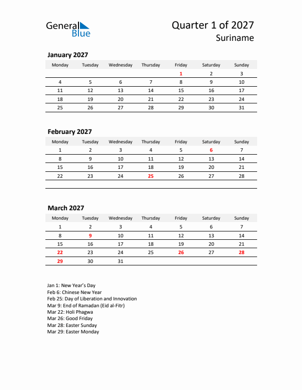 2027 Q1 Three-Month Calendar for Suriname