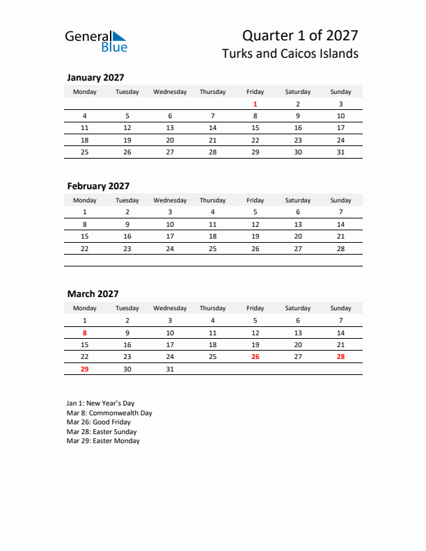 2027 Q1 Three-Month Calendar for Turks and Caicos Islands