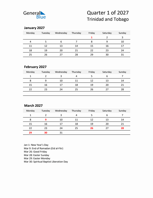 2027 Q1 Three-Month Calendar for Trinidad and Tobago