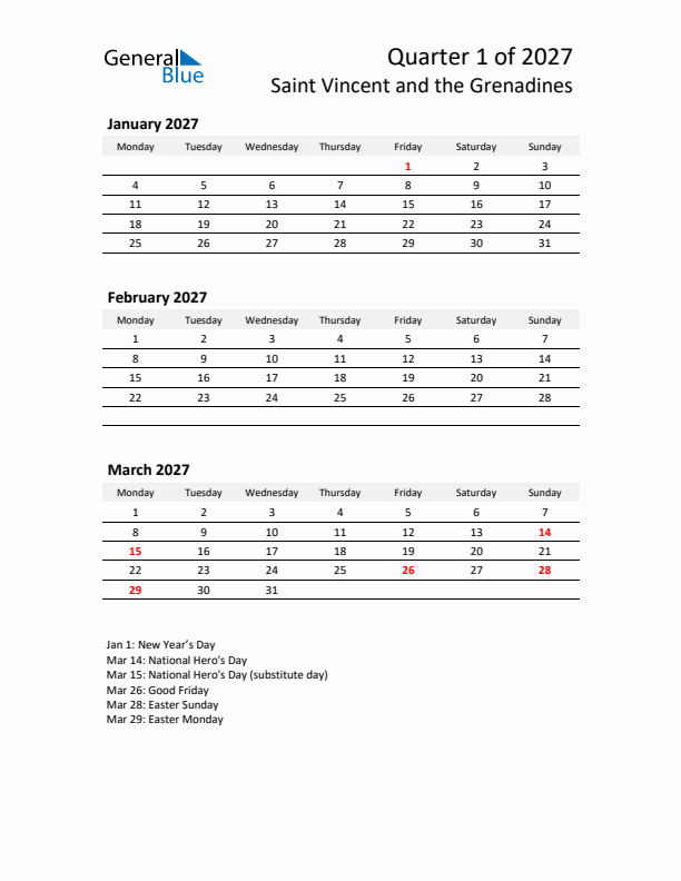 2027 Q1 Three-Month Calendar for Saint Vincent and the Grenadines