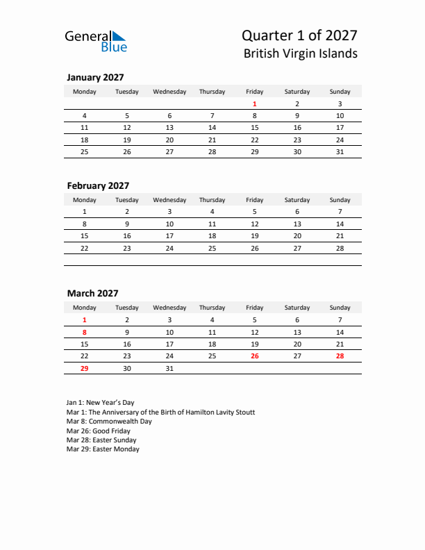 2027 Q1 Three-Month Calendar for British Virgin Islands