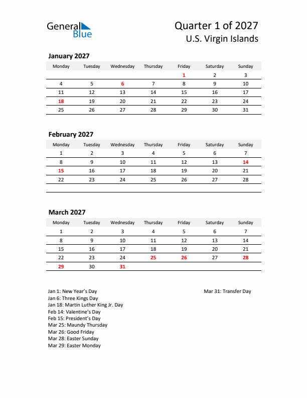 2027 Q1 Three-Month Calendar for U.S. Virgin Islands