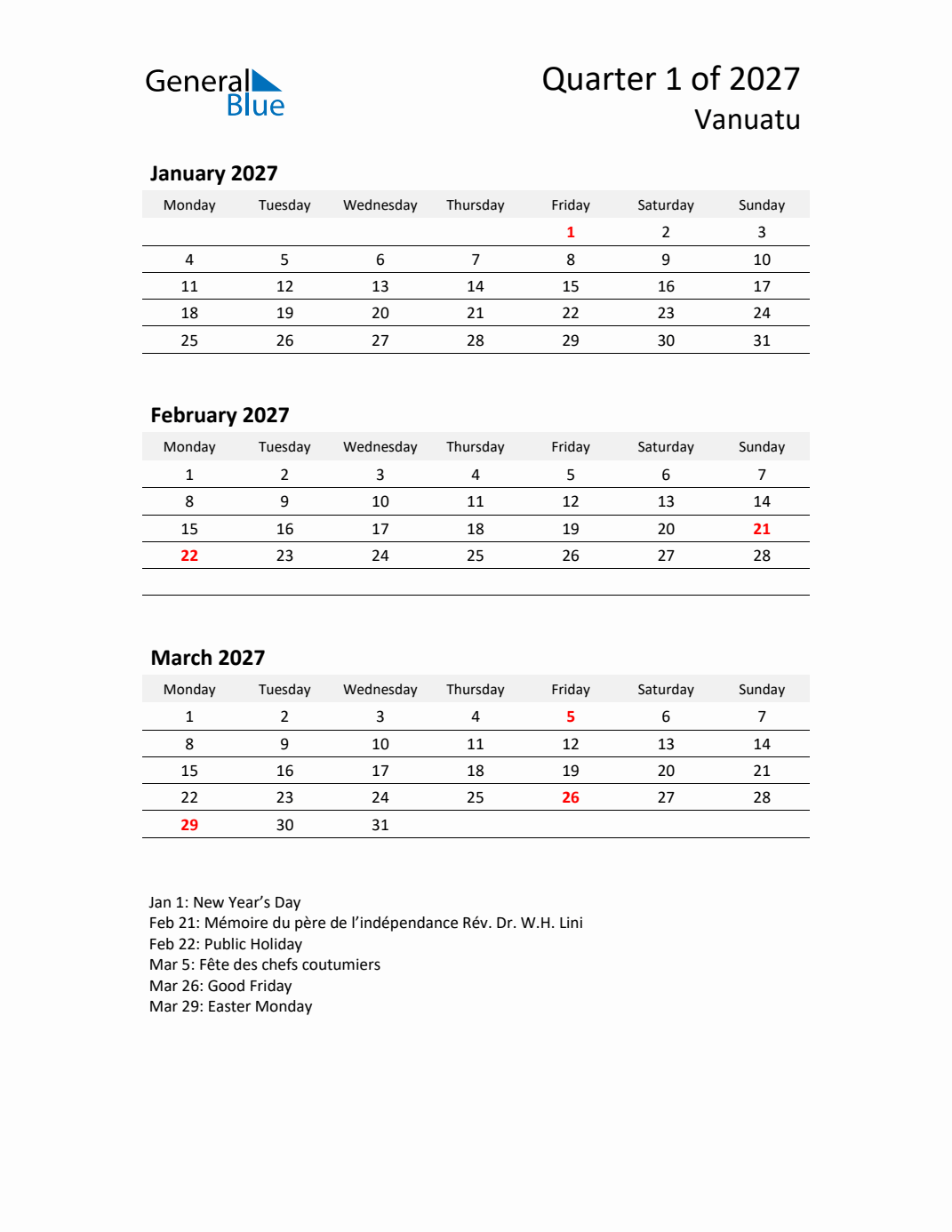 Q1 2027 Monday Start Quarterly Calendar with Vanuatu Holidays