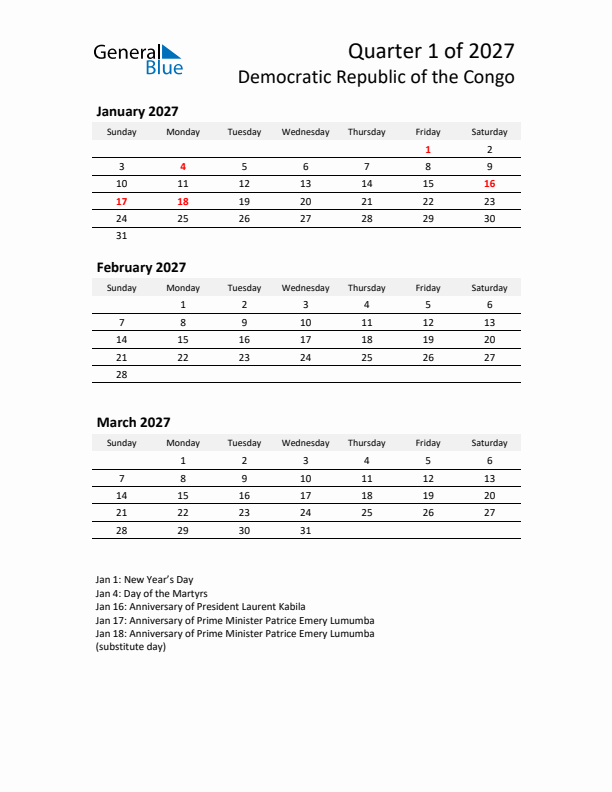 2027 Q1 Three-Month Calendar for Democratic Republic of the Congo