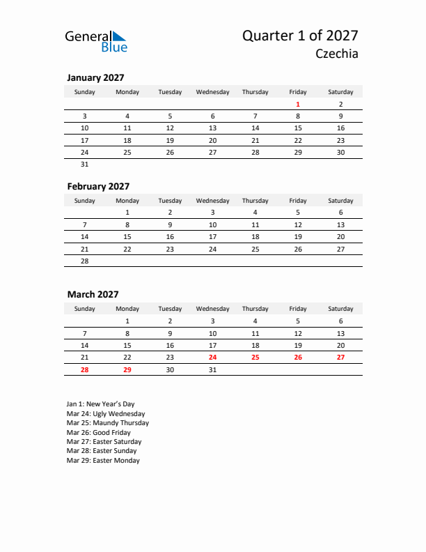 2027 Q1 Three-Month Calendar for Czechia