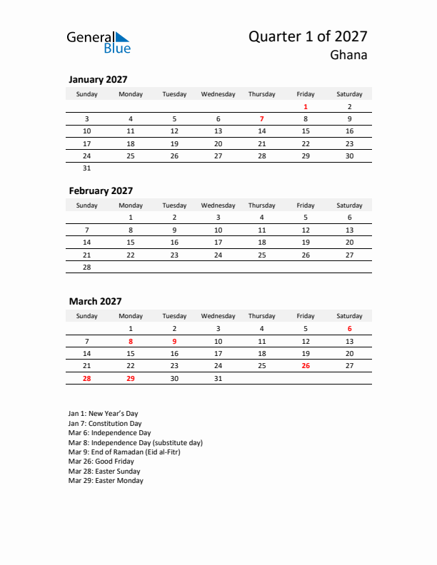 2027 Q1 Three-Month Calendar for Ghana