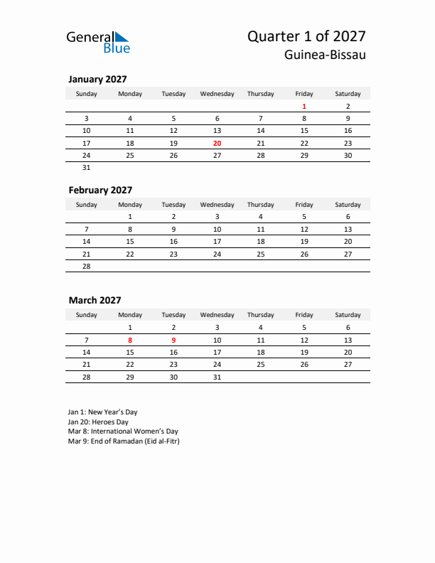 2027 Q1 Three-Month Calendar for Guinea-Bissau