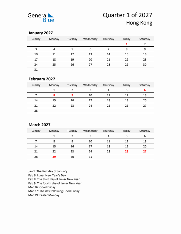 2027 Q1 Three-Month Calendar for Hong Kong