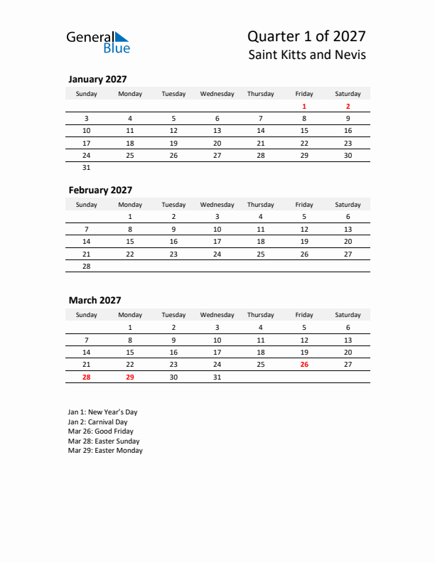 2027 Q1 Three-Month Calendar for Saint Kitts and Nevis