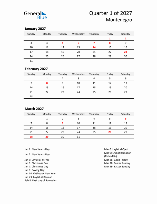 2027 Q1 Three-Month Calendar for Montenegro